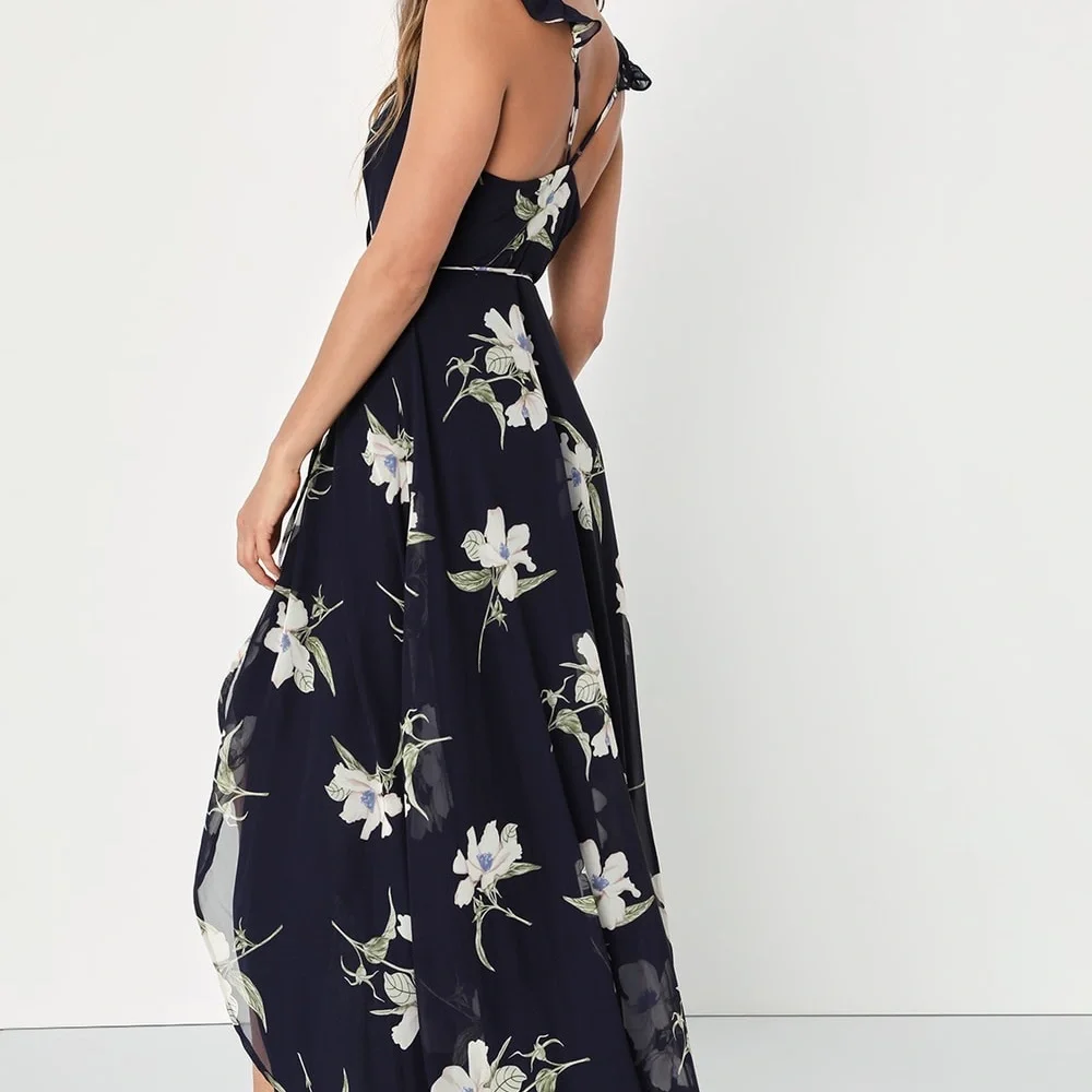 Lulus All Mine Navy Blue Floral Print High-Low Wrap Dress size M bridesmaid - Picture 5 of 13